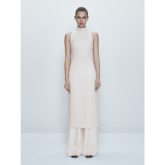 Massimo Dutti Textured Mock Neck Dress Sleeveless Turtleneck Midi, White - Picture 4 of 14